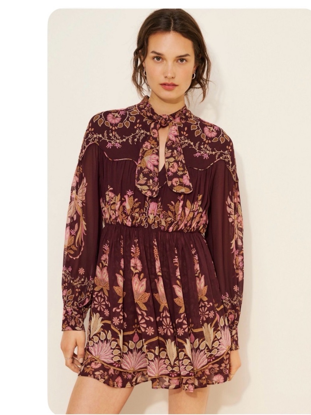 FARM RIO BURGANDY FLORAL BOHO MINI DRESS